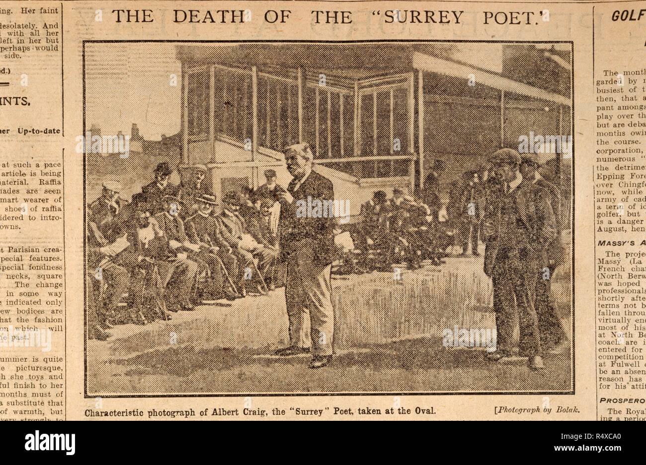 Death of the Surrey Poet. The Morning Leader. 9th July 1909. Characteristic photograph of Albert Craig, the Surrey Poet, taken at the Oval'.  Image taken from The Morning Leader.  Originally published/produced in 9th July 1909. . Source: Colindale,. Language: English. Author: Bolak. Stock Photo