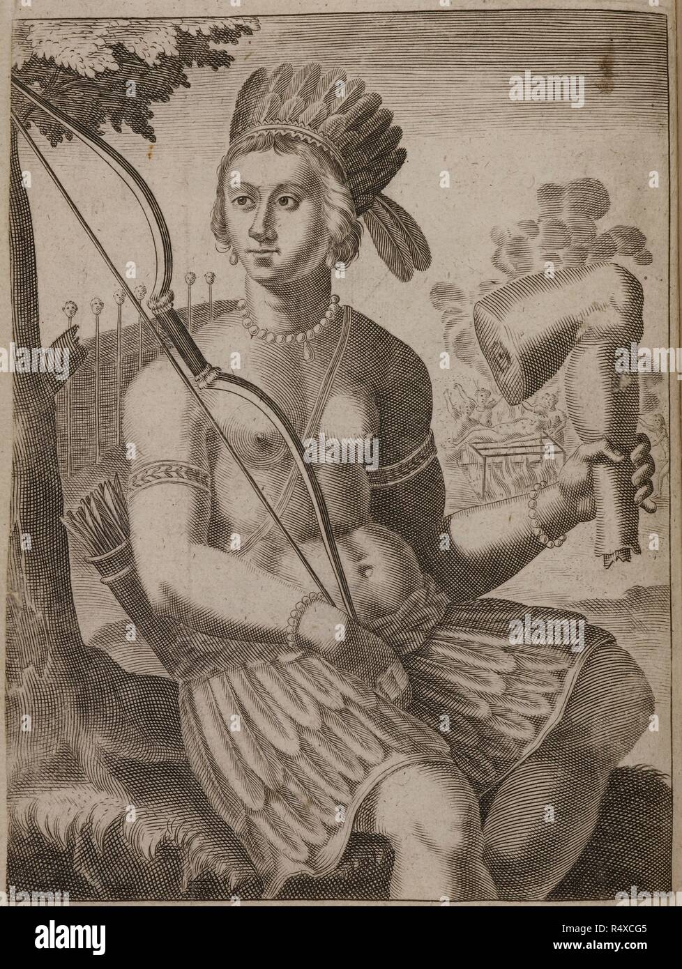 Native American seated under a tree, holding bow and arrows and a severed limb. From a history of the settlement of Europeans in America, and the conquest of the Indians. . America painted to the Life. London, 1659, 58, 59. America painted to the Life. The true history of the Spaniards proceedings in the conquests of the Indians ... from Columbus his first discovery to these later times ... With a perfect relation of our English discoveries, ... from ... 1628 to 1658 ... More especially, an absolute Narrative of the north parts of America, and of the discoveries and plantations of our English  Stock Photo
