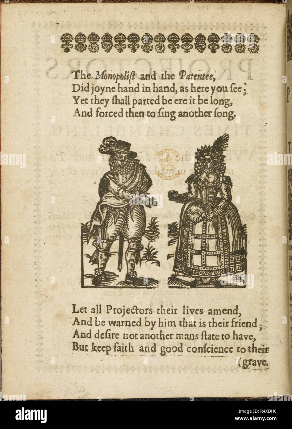 Man and woman - 'The Monopolist' and 'The Patentee' - reaching to join hands Cartoon and political and religious satire. . The Projectorâ€™s Down-fall: or times changeling. London, 1642. The Projectorâ€™s Down-fall: or times changeling. Wherein the Monopolists and Patentees are unmasked, ... as also the Monopolists and Patentees last will and testament in the yeare 1641. Source: E.140.(22) A1v. Language: English. Stock Photo