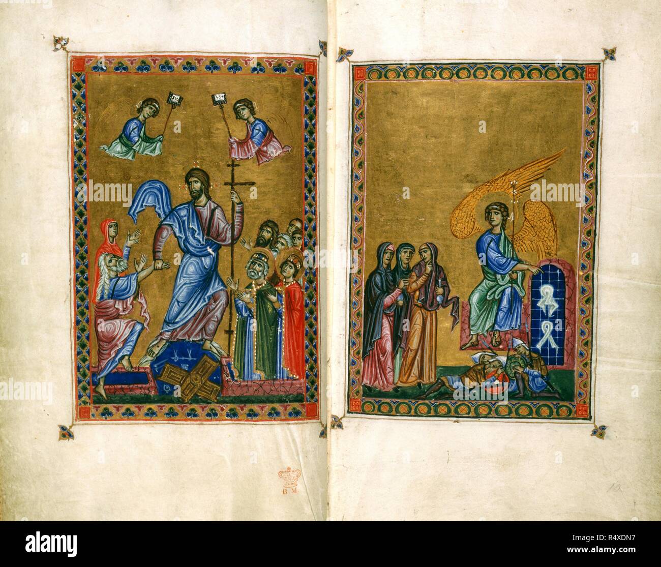 Harrowing of Hell; Three Maries. Psalter of Queen Melisende. E. Mediterranean [Jerusalem]; between 1131 and 114. [Whole opening] The Harrowing of Hell. The Three Maries with the angel who points to the empty tomb, as three soldiers sleep  Image taken from Psalter of Queen Melisende.  Originally published/produced in E. Mediterranean [Jerusalem]; between 1131 and 1143. . Source: Egerton 1139, ff.9v-10. Language: Latin. Author: Basilius. Stock Photo
