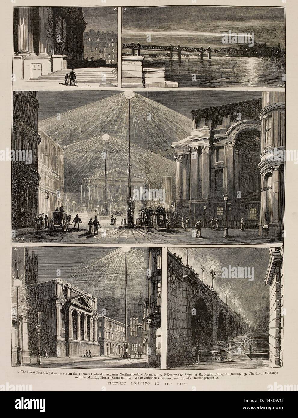 'Electric lighting in the city'. Various views of 19th century London at night, lit by the new electric lighting. The Graphic. London, 9 April 1881. Source: The Graphic 09/04/1881, p. 348. Stock Photo