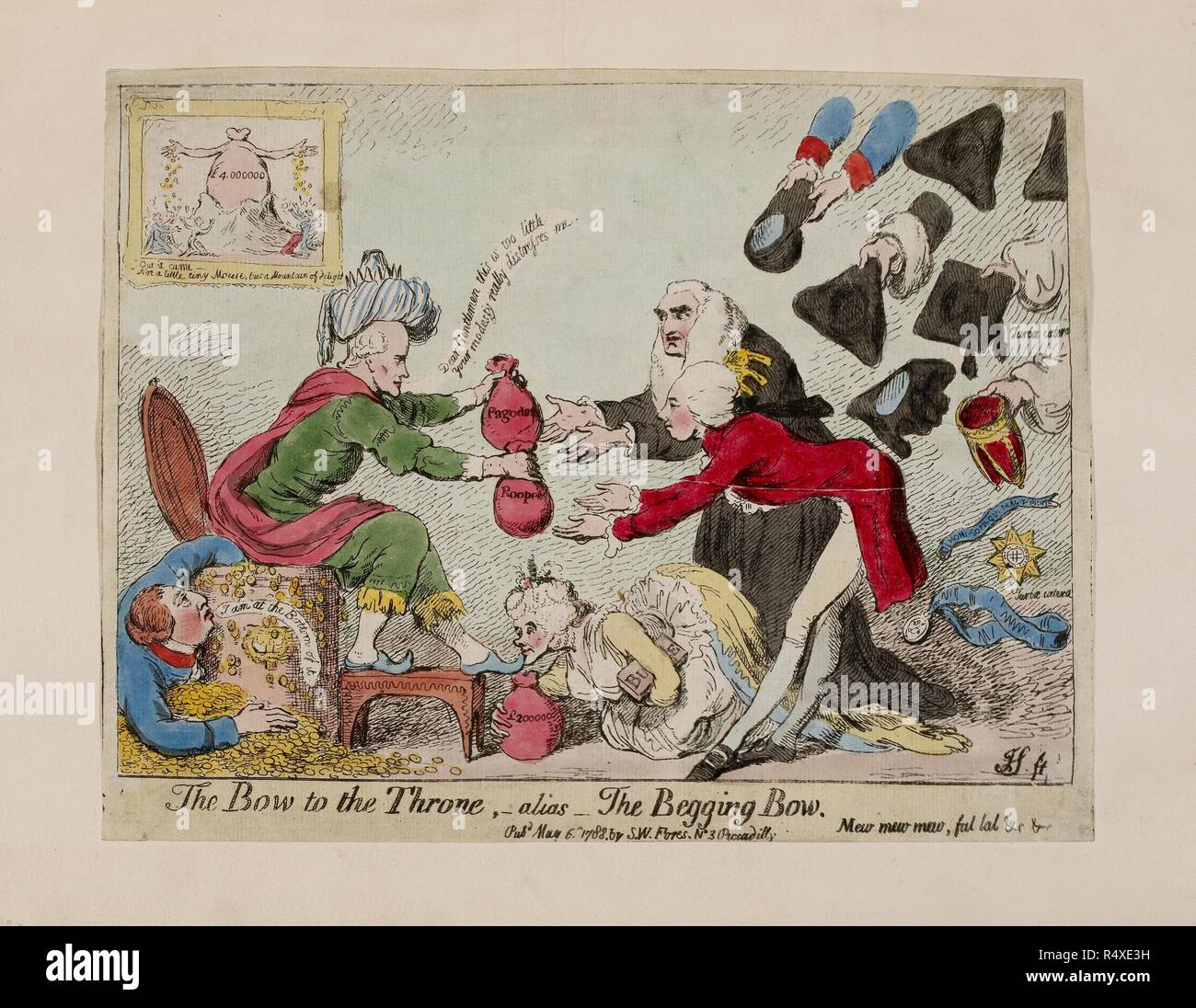 The Bow to the Throne, - alias -, the Begging Bowl. 1788. Gillray transforms Sayers' original caricature, which derided Hastings' accusers (see P3313), into a diametrically opposite interpretation of events. Hastings, in oriental dress, sits on a commode decorated with an upturned crown, distributing bags of money to Edward Thurlow, the Lord Chancellor, and William Pitt, the Prime Minister. Queen Charlotte, clutching a sack of money, kisses Hastings' foot, while George III crouches in the corner with his hand in the commode, collecting the remaining coins.  Published : 1788 . Source: P3310. Au Stock Photo