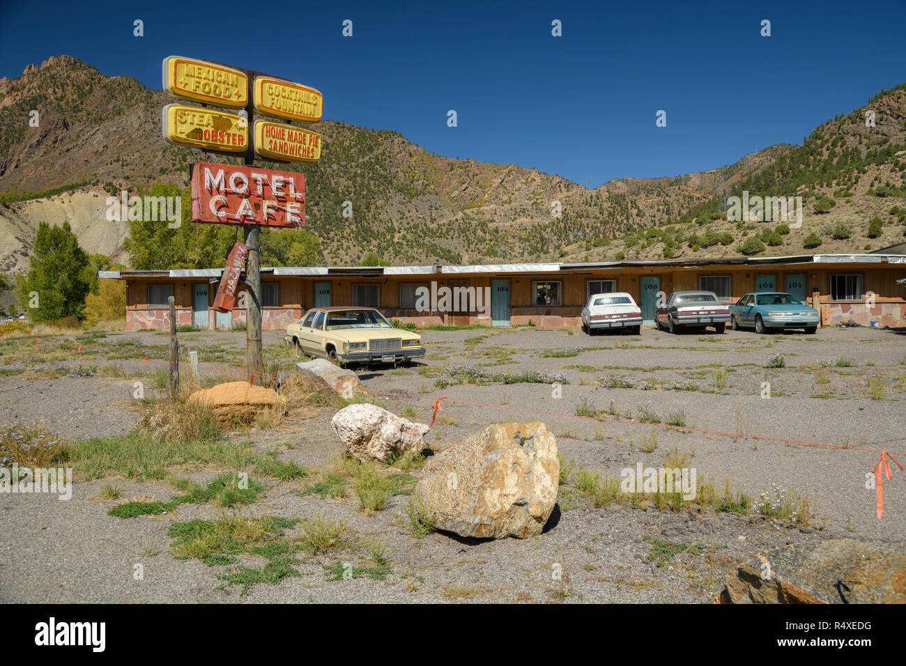 North America, American, USA, Southwest,Cimarron, abandoned Motel along Highway 50 Stock Photo