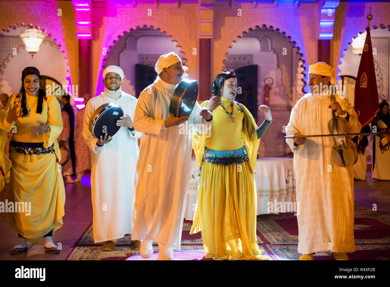 26-02-15, Marrakech, Morocco. Tourist entertainment at the Chez Ali Fantasia show. Guests are entertained by the songs and dances of folk groups, a be Stock Photo