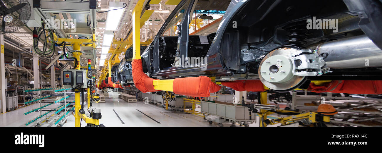 Automotive production line. Long format. Wide angle view of plant of