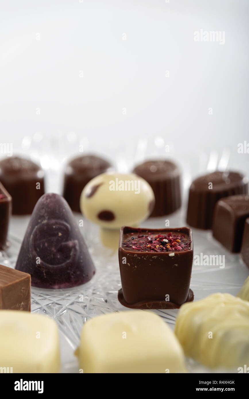 filled chocolates plus flat flavors over central particular Stock Photo