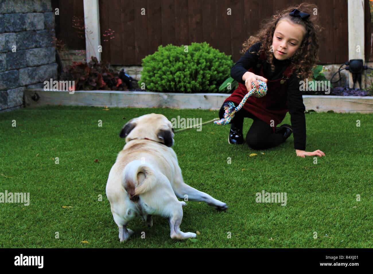 Young Caucasian girl playing with a Pug dog in a garden Stock Photo