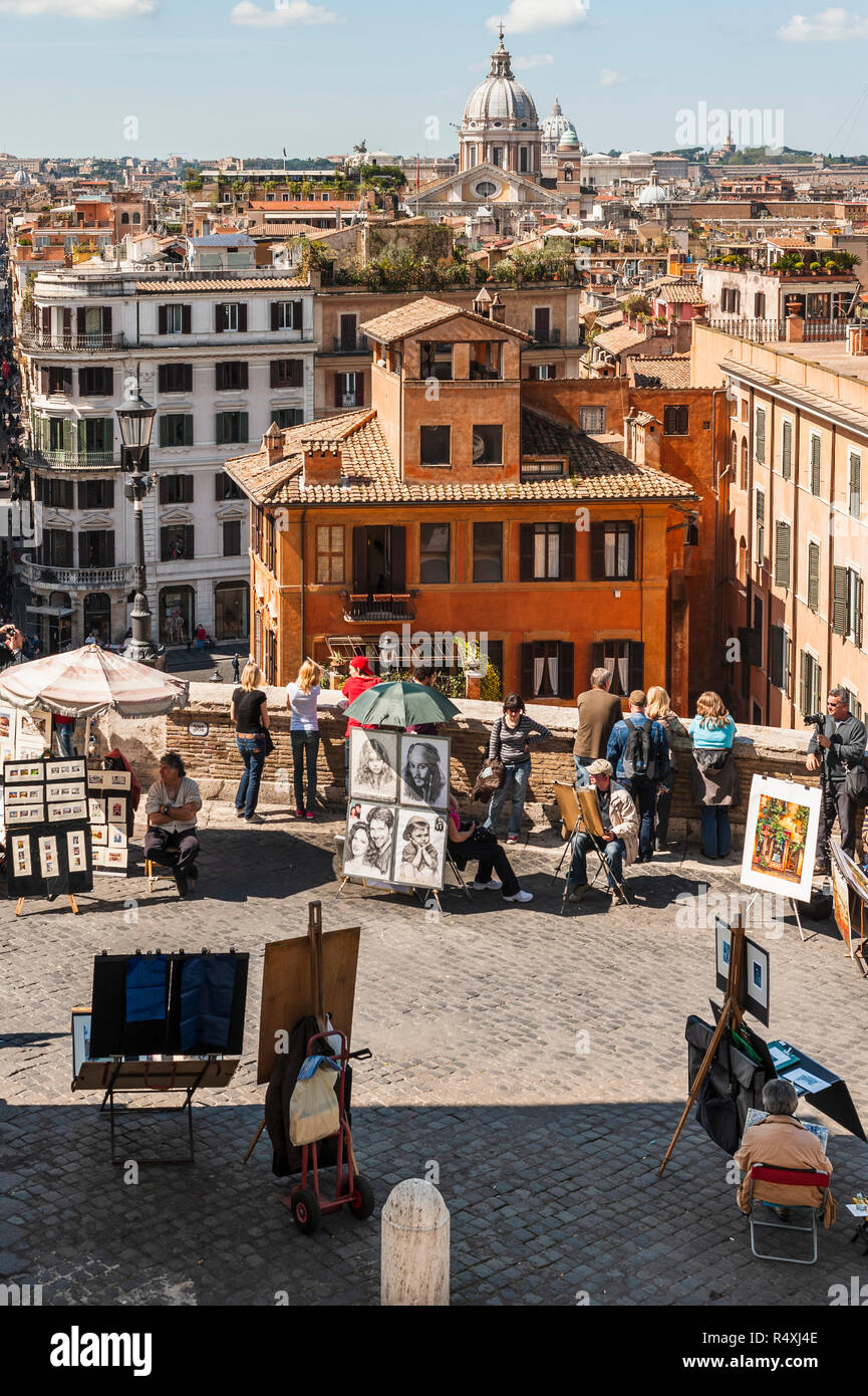 View of Rome skyline and  tourists and hawkers in the Campo Marzio area of Rome Stock Photo