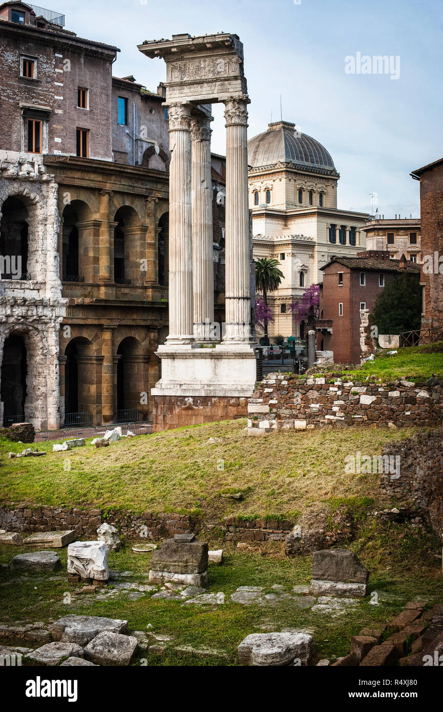 Temple of Apollo Sosianus alongside the Theatre of Marcellus in the Campus Martius in Rome Stock Photo