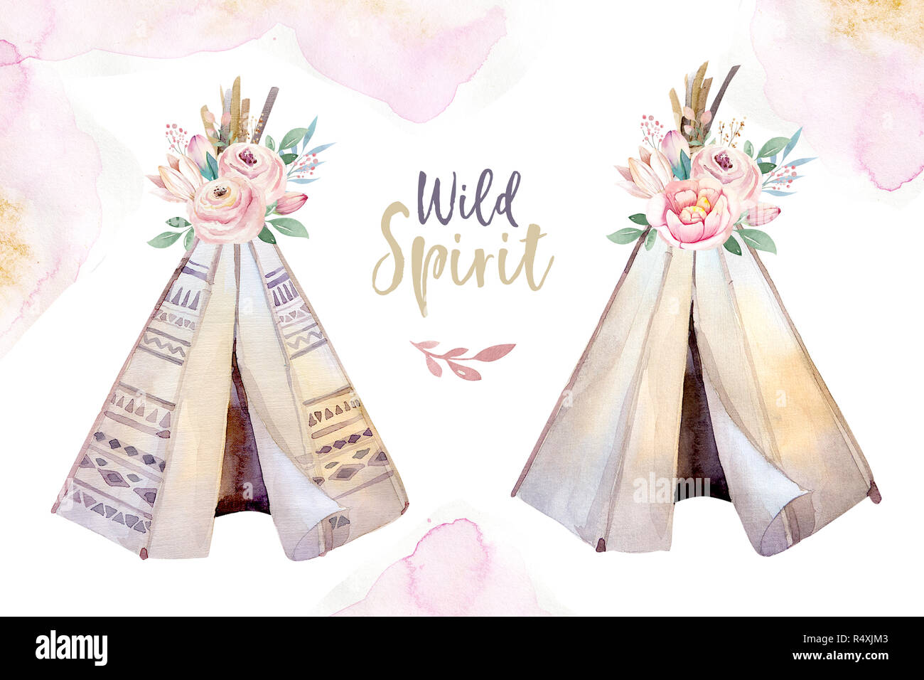 Watercolor colorful ethnic set of arrows, teepee and flowers in native American style.Tribal Navajo isolated illustration ornament on white background Stock Photo