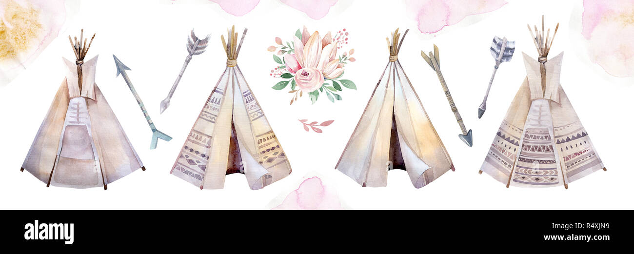 Watercolor colorful ethnic set of arrows, teepee and flowers in native American style.Tribal Navajo isolated illustration ornament on white background Stock Photo