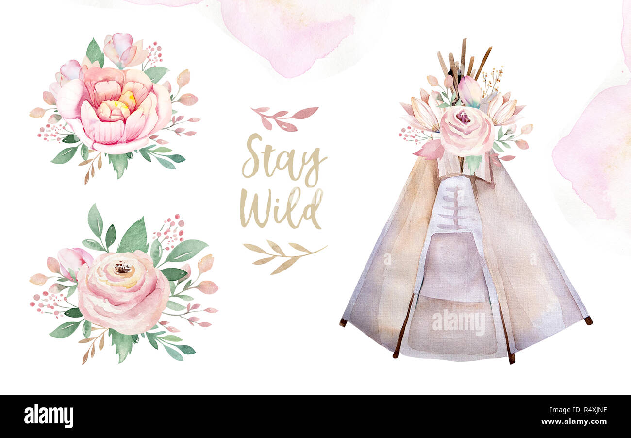 Watercolor colorful ethnic set of arrows, teepee and flowers in native American style.Tribal Navajo isolated illustration ornament on white background Stock Photo