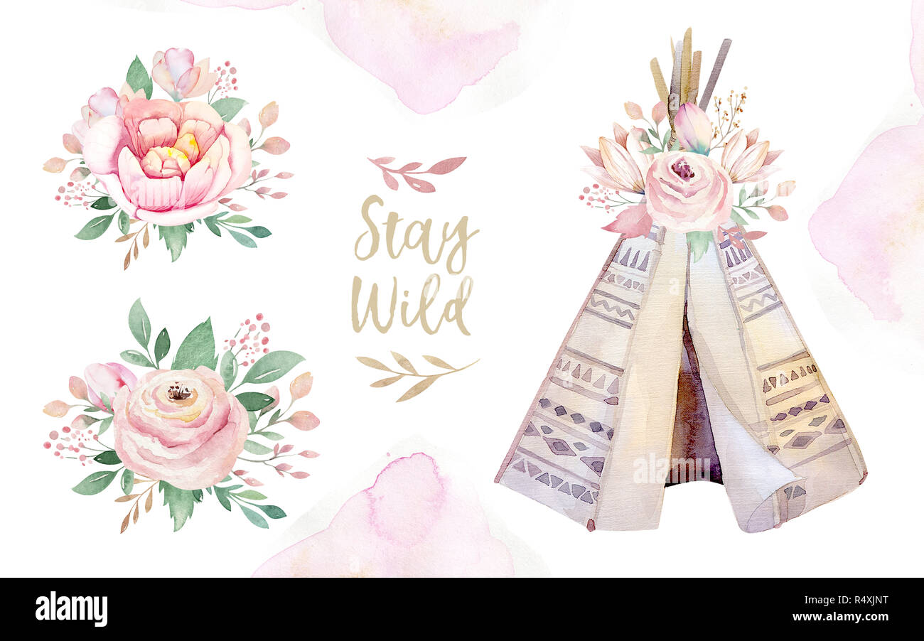 Watercolor colorful ethnic set of arrows, teepee and flowers in native American style.Tribal Navajo isolated illustration ornament on white background Stock Photo