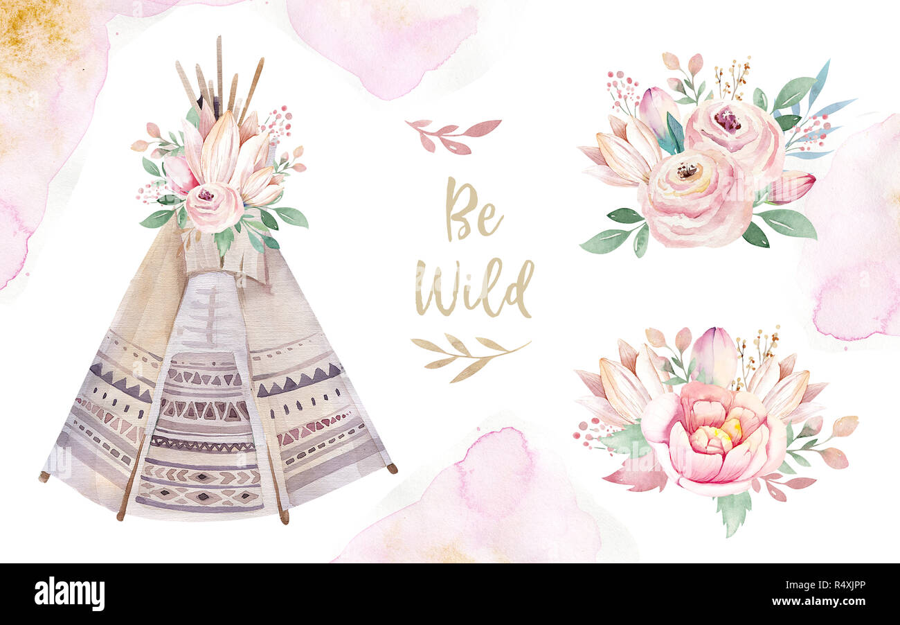 Watercolor colorful ethnic set of arrows, teepee and flowers in native American style.Tribal Navajo isolated illustration ornament on white background Stock Photo