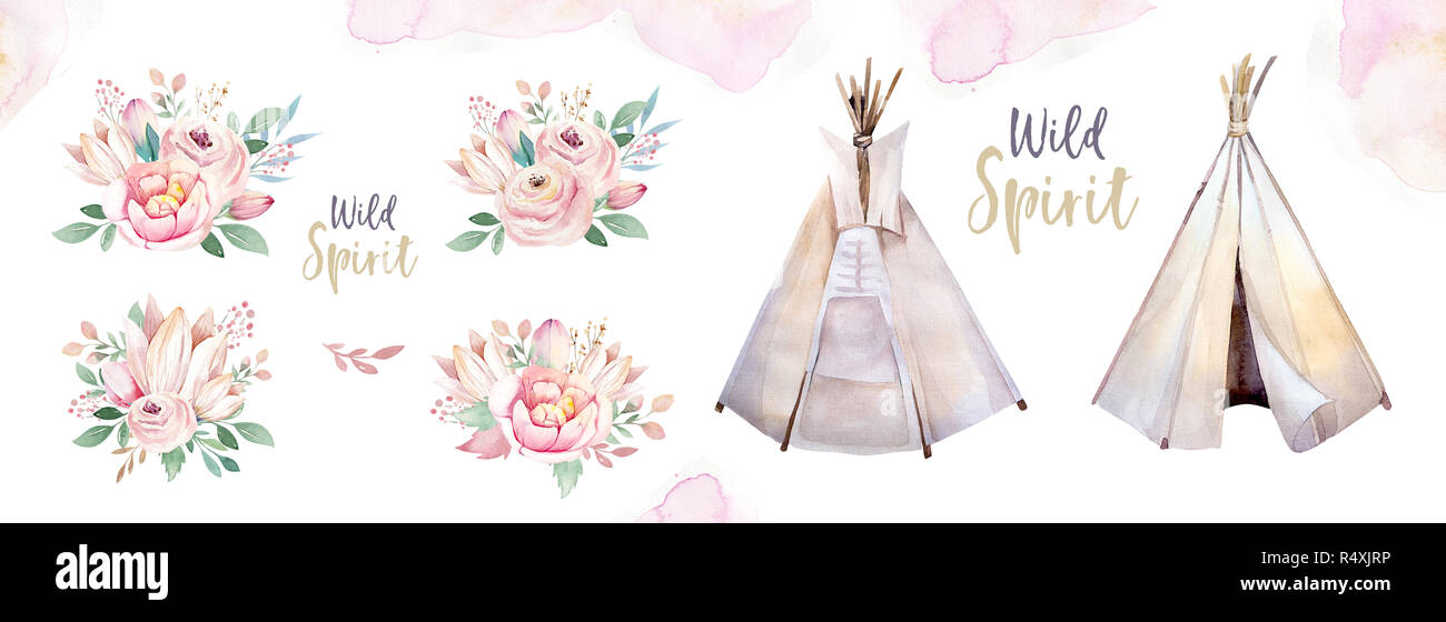 Watercolor colorful ethnic set of arrows, teepee and flowers in native American style.Tribal Navajo isolated illustration ornament on white background Stock Photo