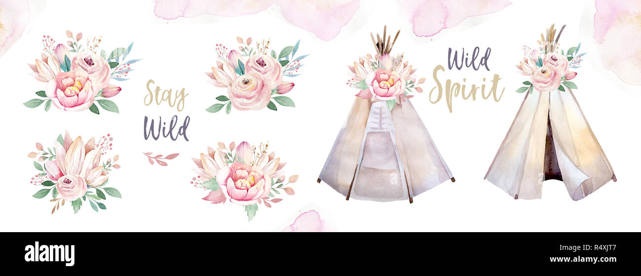Watercolor colorful ethnic set of arrows, teepee and flowers in native American style.Tribal Navajo isolated illustration ornament on white background Stock Photo