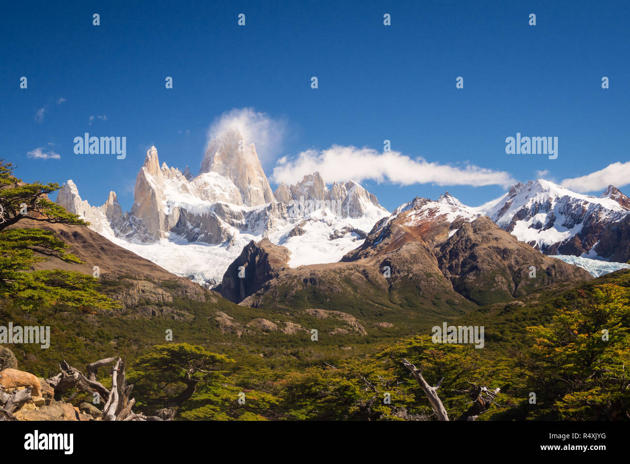 Fitz Roy mountain near El Chalten, in the Southern Patagonia, on the border between Argentina and Chile. Trekking Stock Photo