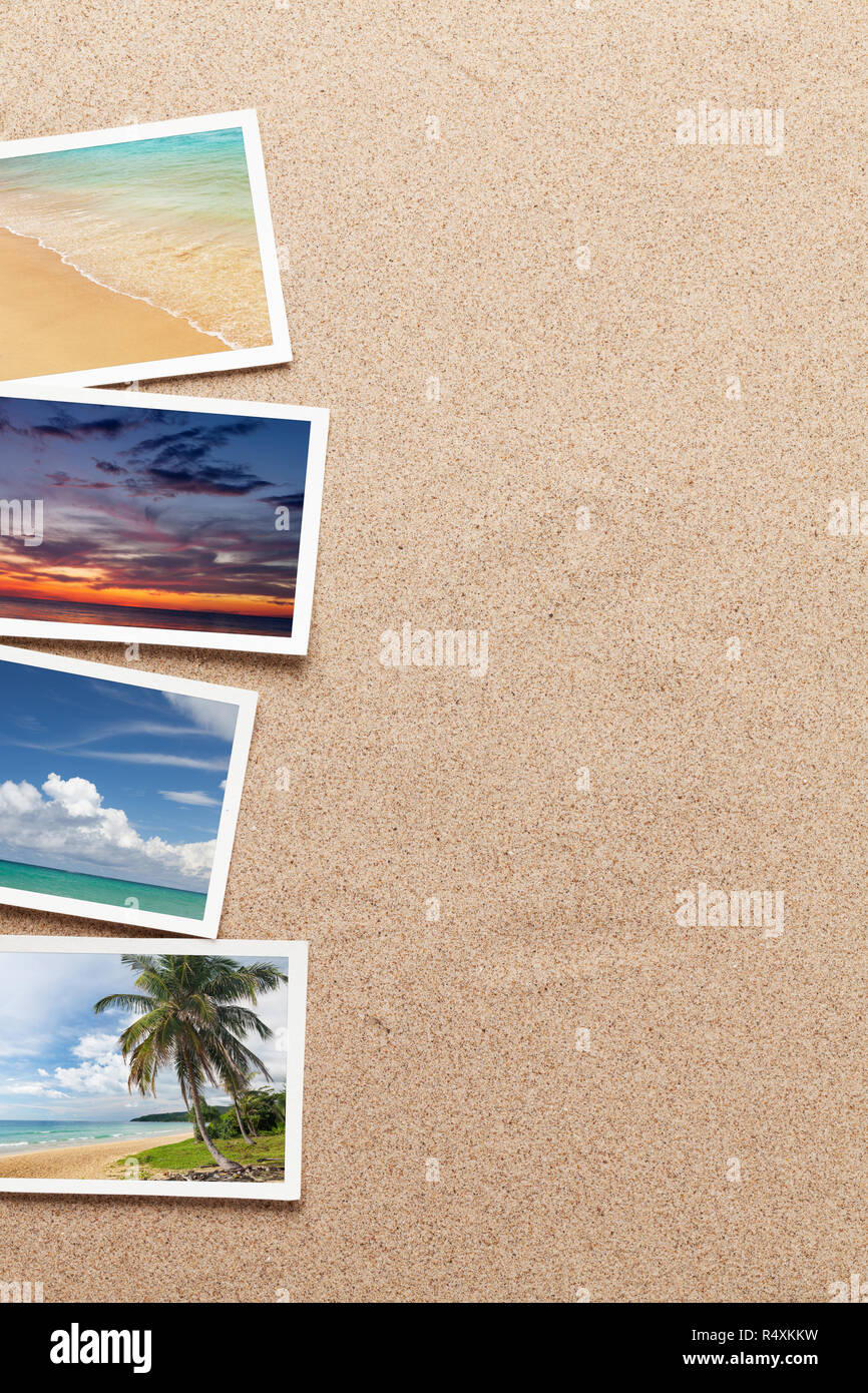 Travel vacation background concept with weekend photos on sand backdrop. Top view with copy space. Flat lay. All photos taken by me Stock Photo