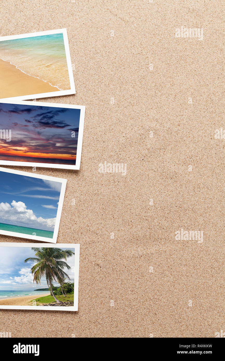 Staycation Backdrop Travel vacation background concept with weekend photos on sand backdrop ...