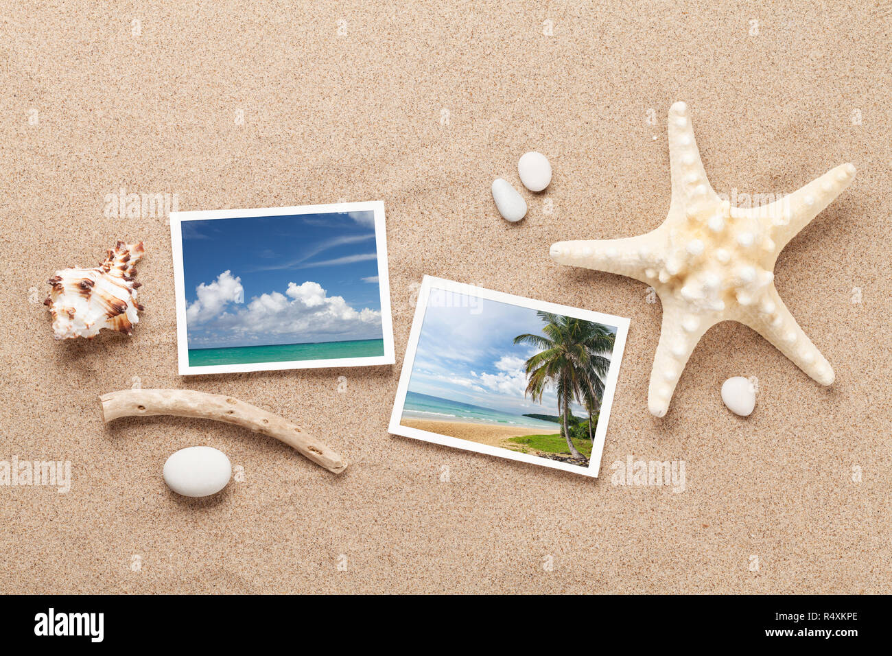 Travel vacation concept with starfish, seashells and photos on sand backdrop. Top view. Flat lay. All photos taken by me Stock Photo