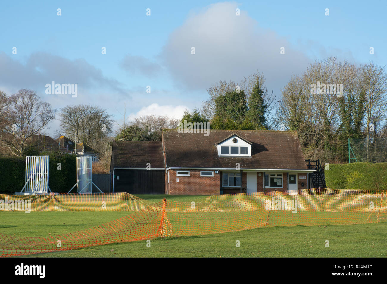 Cricket pitch and pavilion in the village of Littleton in Hampshire, UK Stock Photo