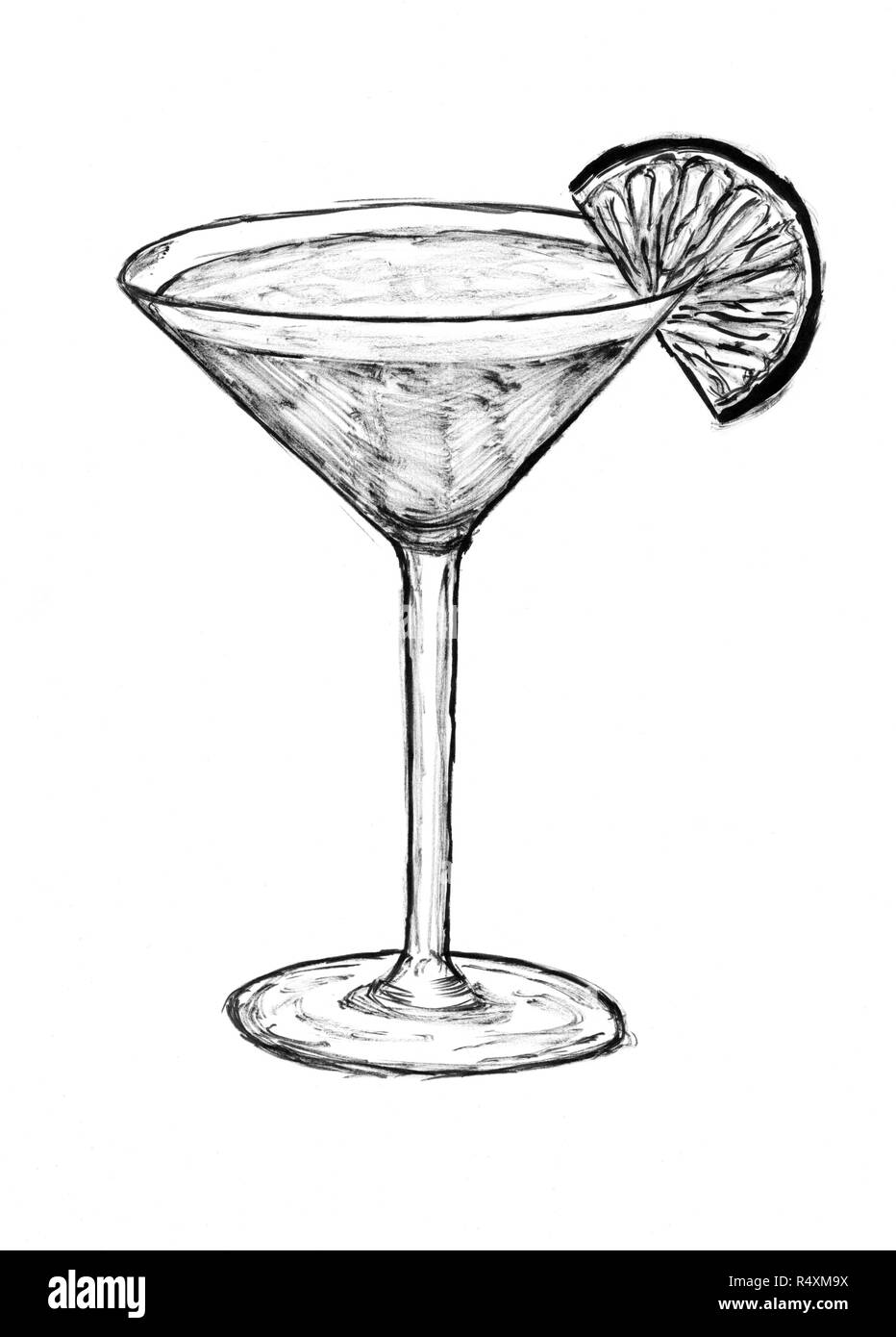 Black Ink Hand Drawing of Glass With Cocktail and Lime Slice Stock Photo