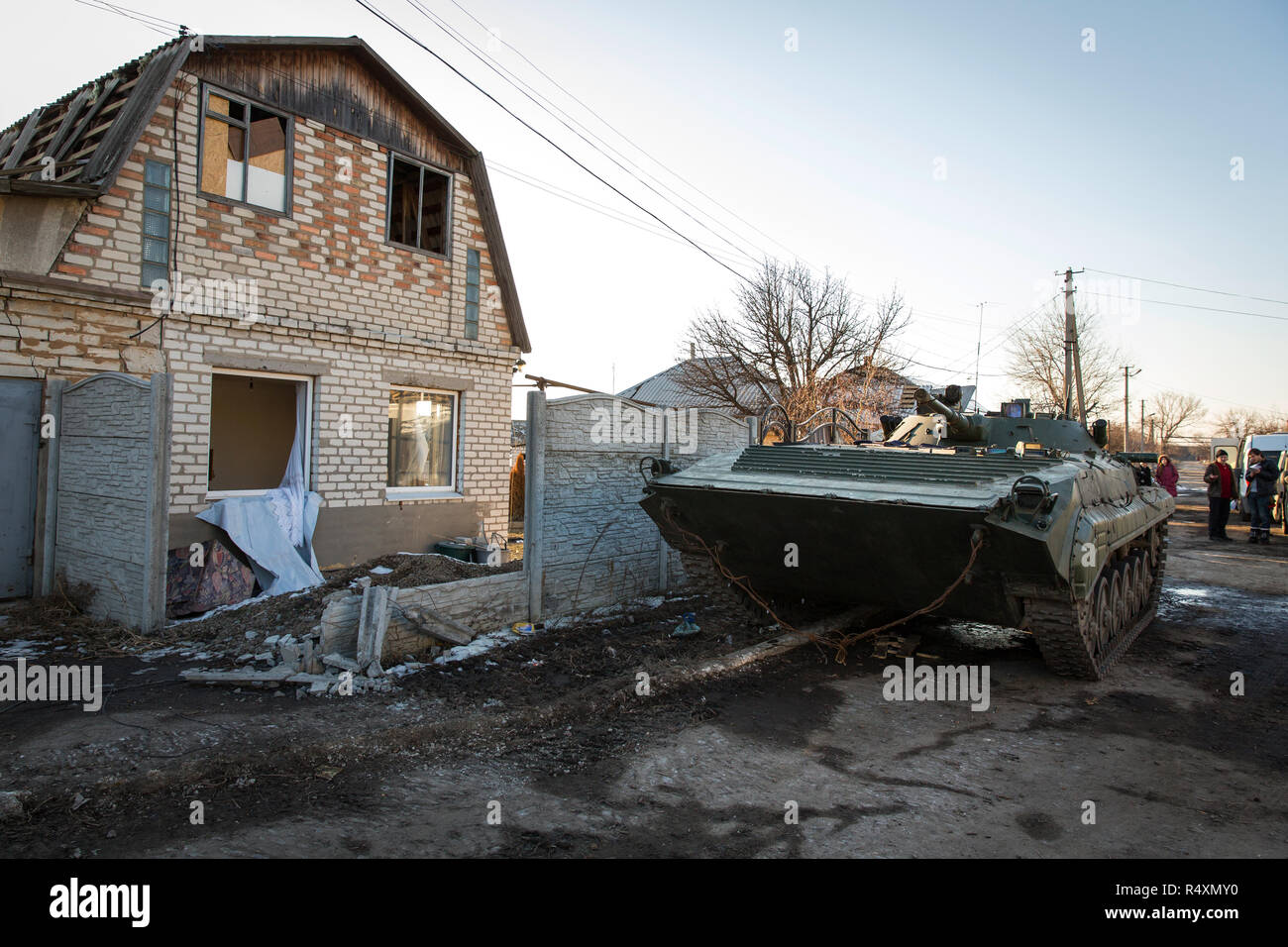 Destruction and chaos in Stanyzja-Luhanska on the front to the ATO zone, the separatist area of Eastern Ukraine. Stock Photo