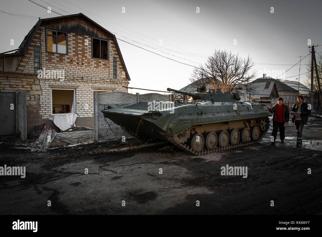 Destruction and chaos in Stanyzja-Luhanska on the front to the ATO zone, the separatist area of Eastern Ukraine. Stock Photo