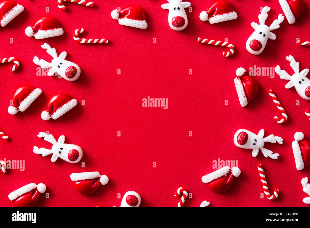 Christmas ornament pattern on red background. Flat lay top-down composition. Copyspace Stock Photo
