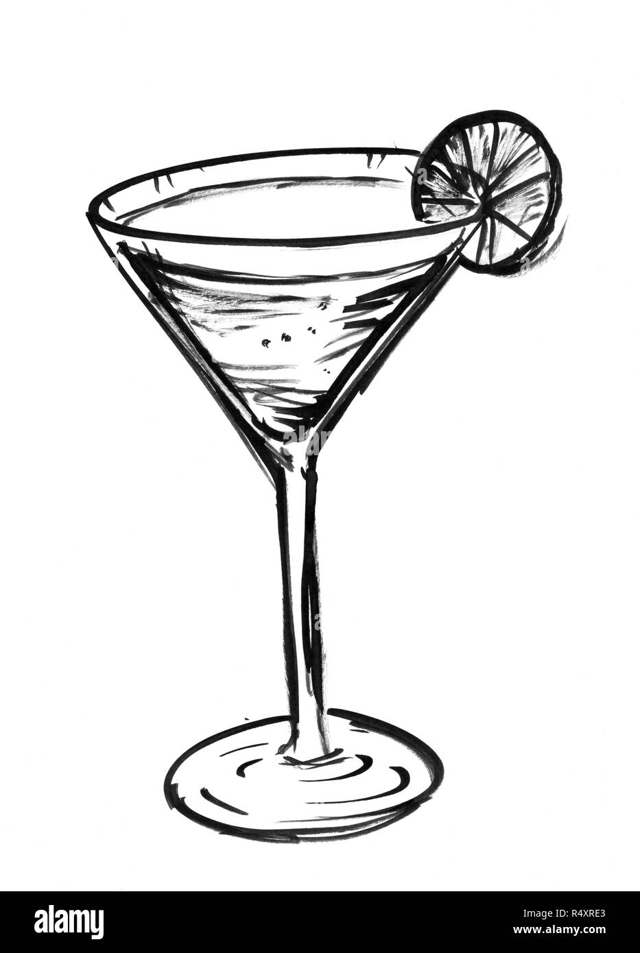 Black Ink Hand Drawing of Glass With Cocktail and Lime Slice Stock Photo