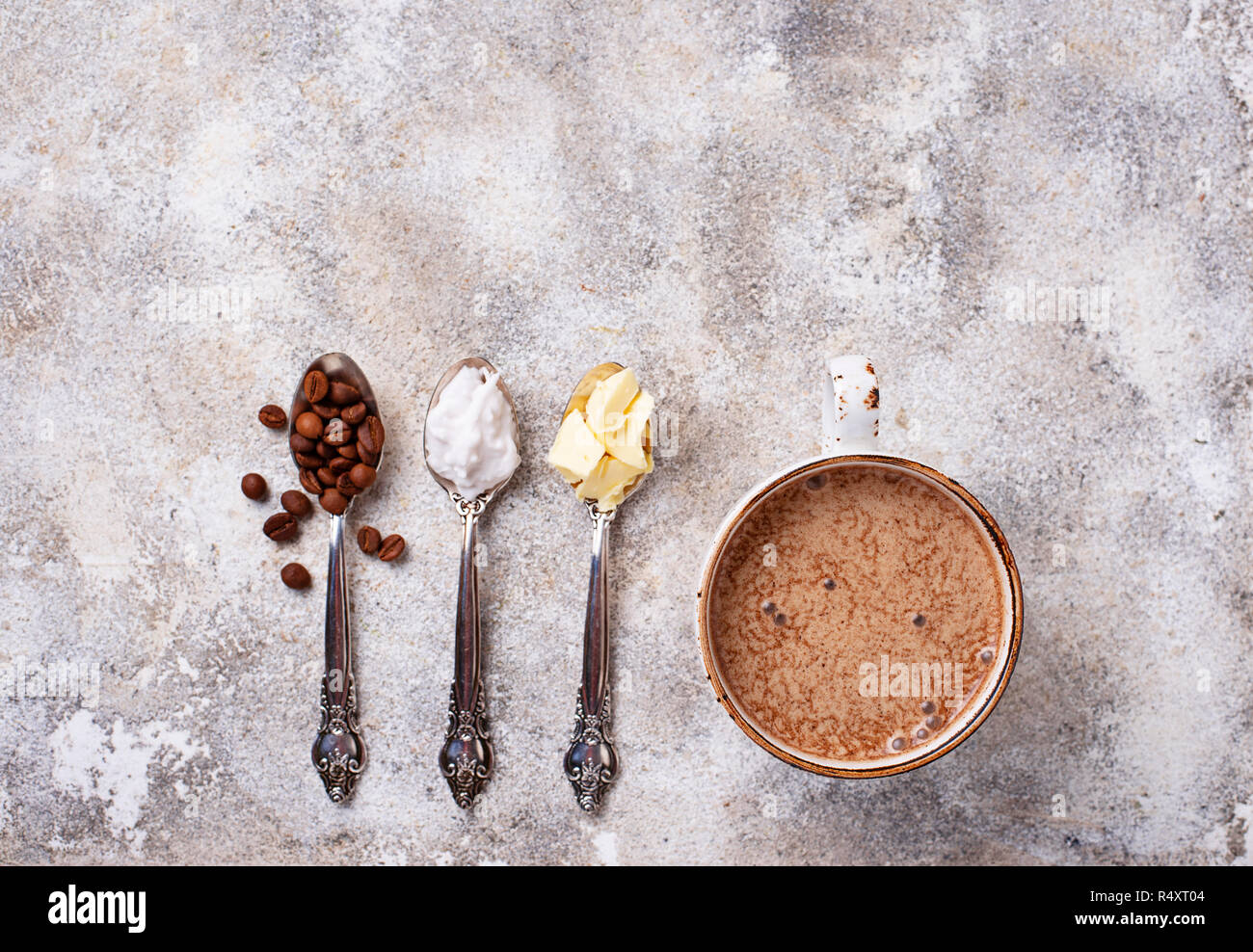 Bulletproof coffee with coconut oil and butter. Ketogenic low carb drink Stock Photo