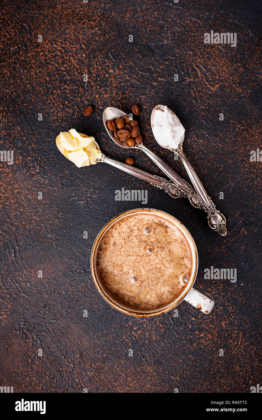 Bulletproof coffee with coconut oil and butter. Ketogenic low carb drink Stock Photo