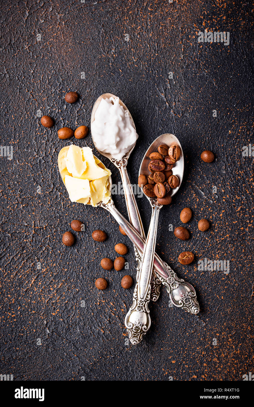 Ingredients for cooking bulletproof coffee. Coconut oil and butter. Stock Photo