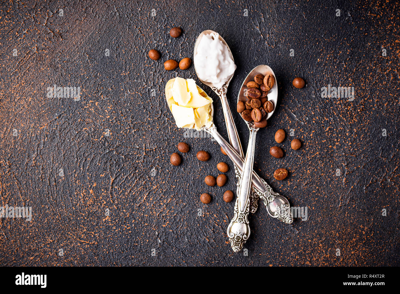 Ingredients for cooking bulletproof coffee. Coconut oil and butter. Stock Photo