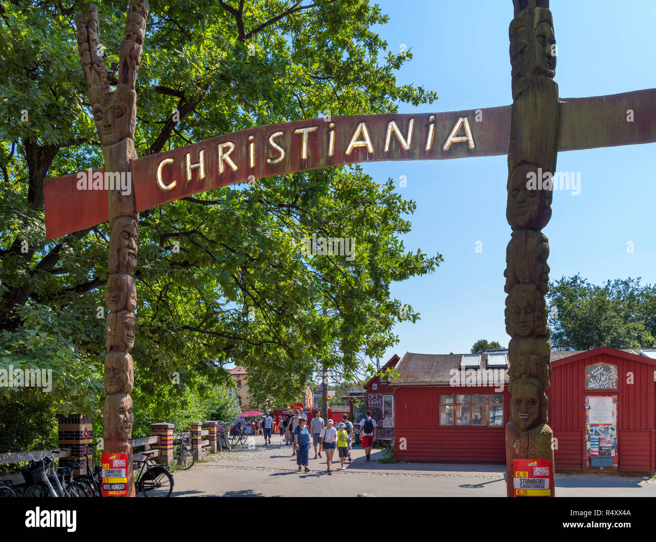 Sign at the entrance to Freetown Christiania looking down Pusher Street, Copenhagen, Denmark Stock Photo