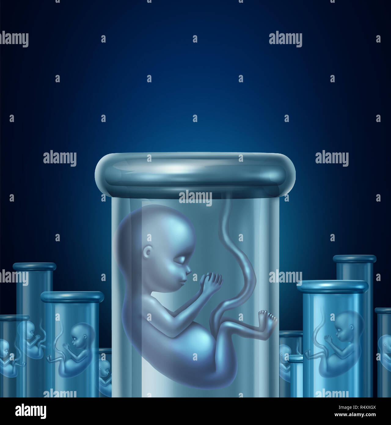 IVF baby concept and in vitro fertilization fertility treatment and artificial insemination as a symbol with a fetus in a test tube helping. Stock Photo