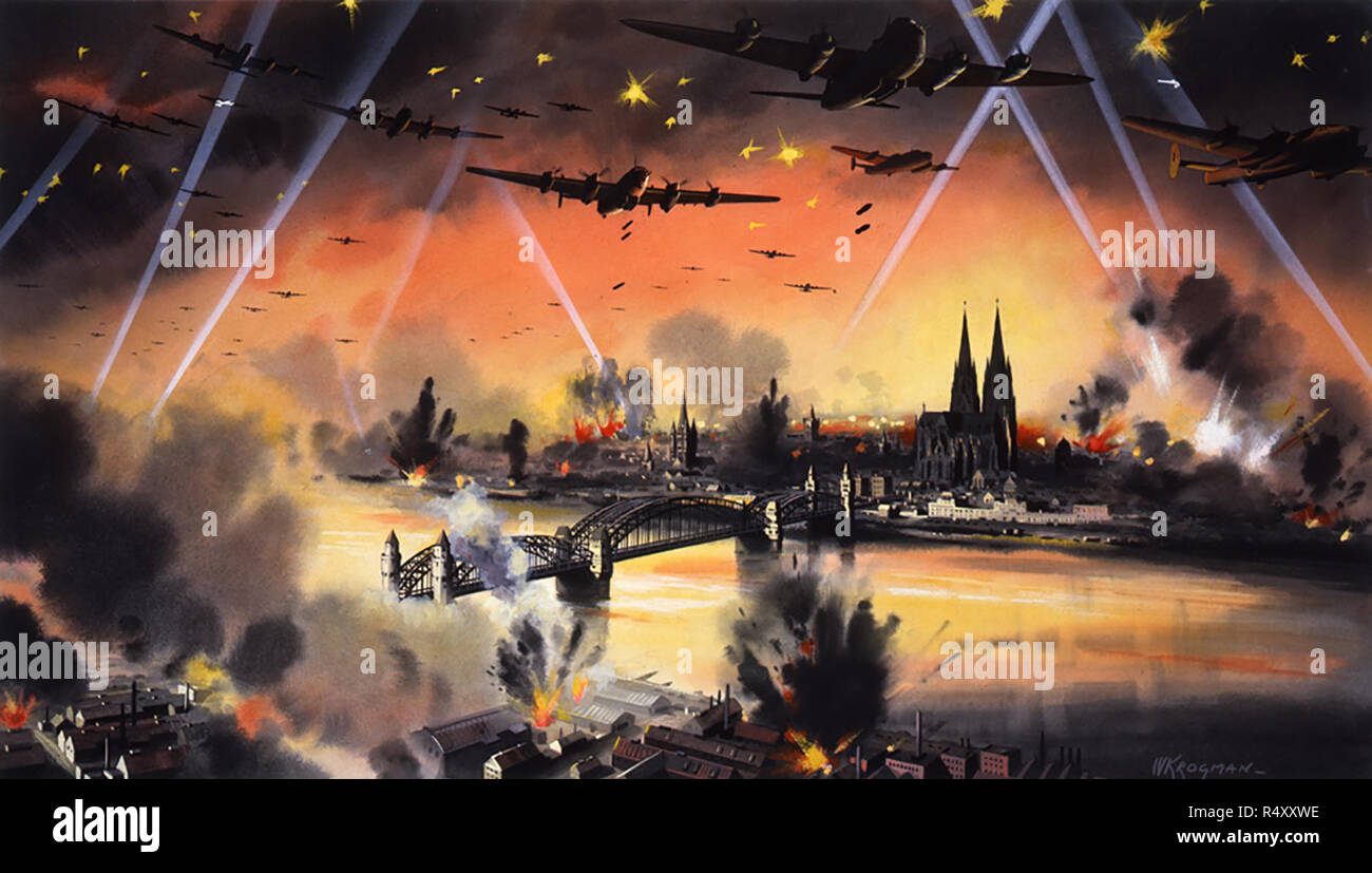 War painting imagined bombing raid on Cologne Koln, Germany by W Krogman Stock Photo