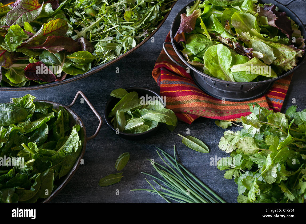 Assorted bowls filled with a variety of leafy greens including lettuce, chard, arugula, and spinach. Stock Photo