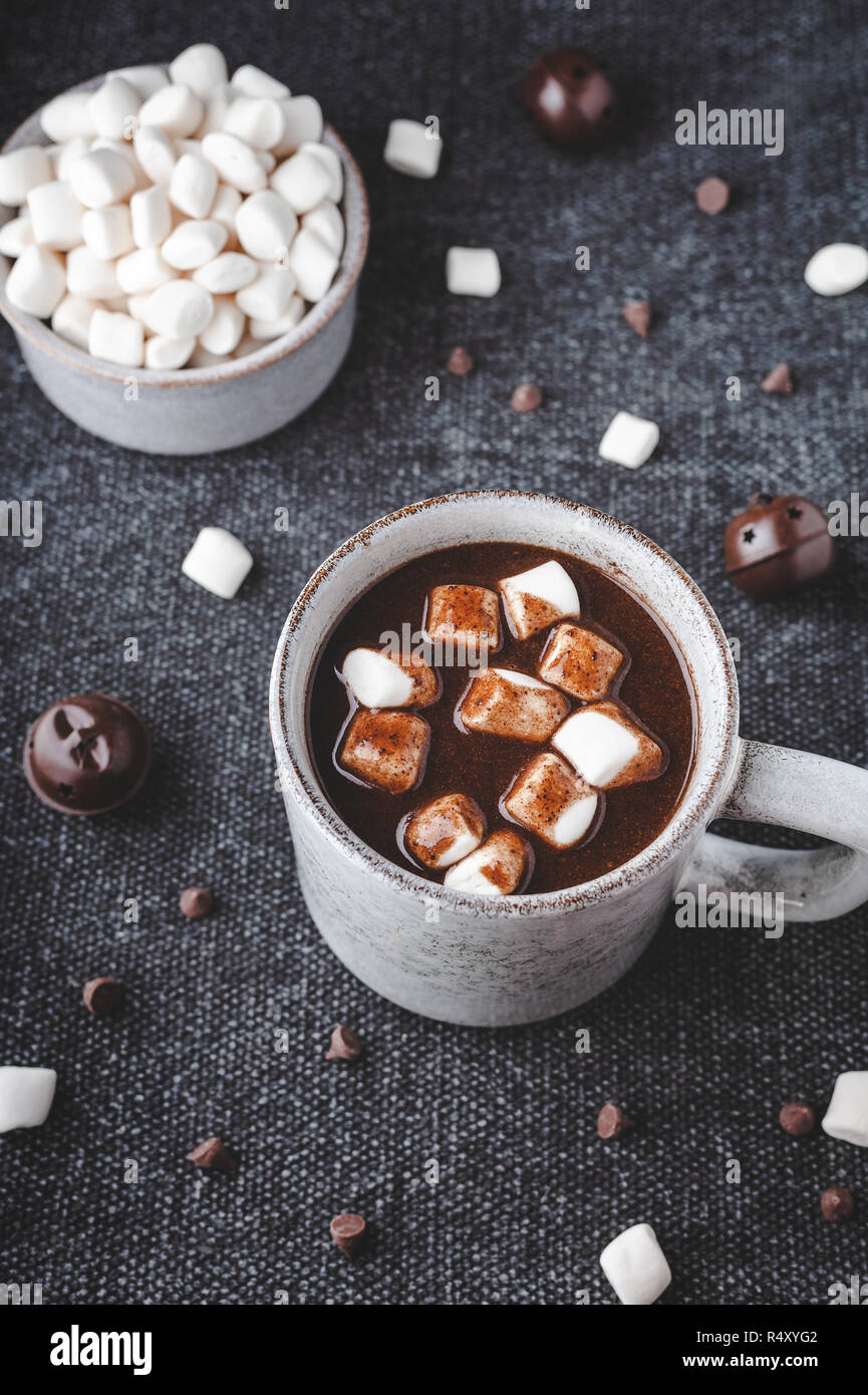 Hot carob drink topped with marshmallows, a caffeine free alternative to chocolate. Stock Photo