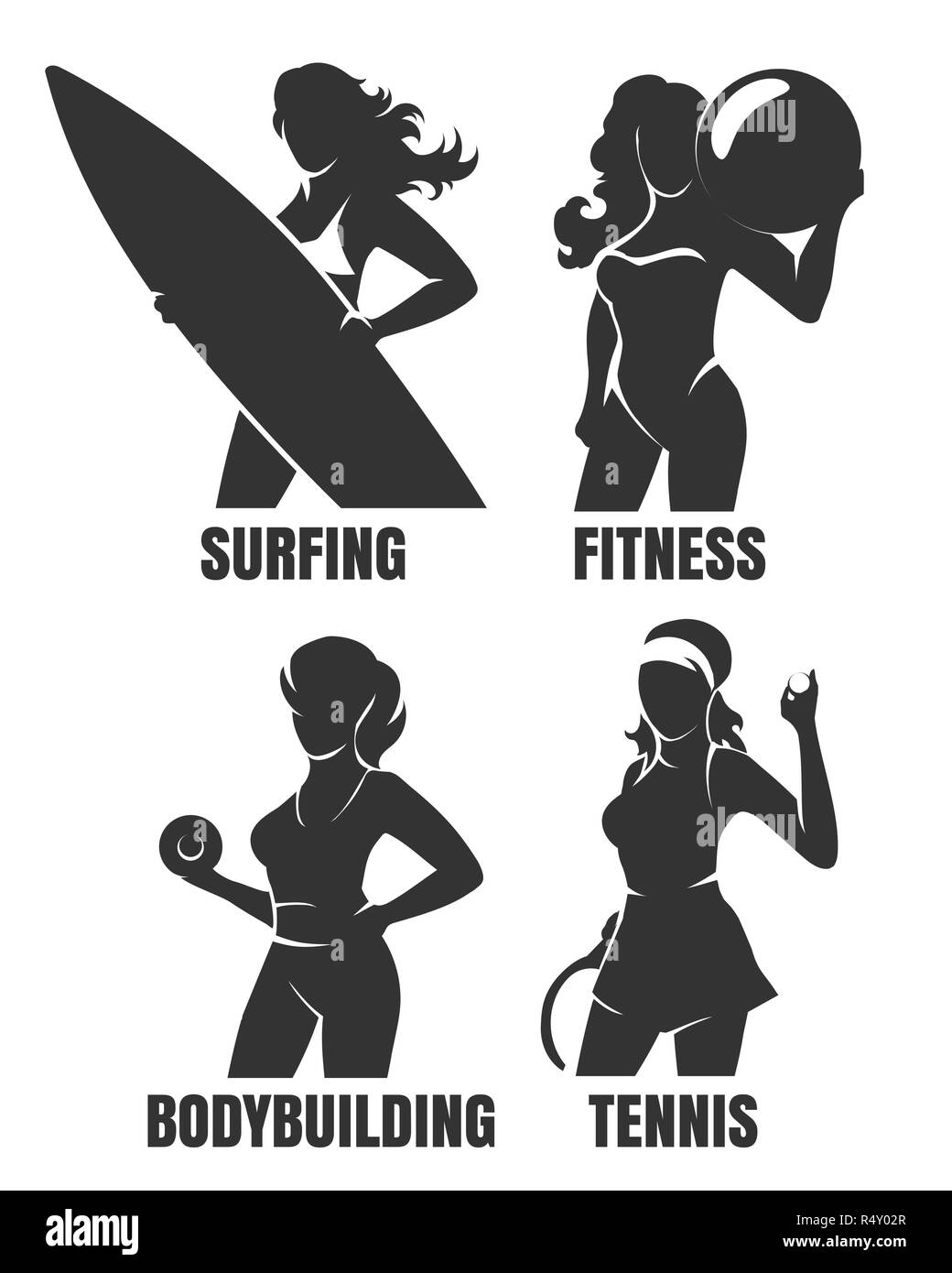 Set of detailed sport woman silhouettes. Fitness, tennis, bodybuilding and surfing women isolated on white. Vector illustartion. Stock Vector