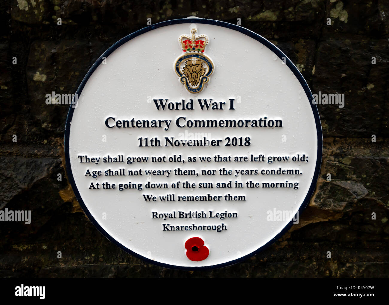 White Plaque beside the War Memorial in Knaresborough North Yorkshire commemorating the centenary of the end of World War on 1 November 2018 Stock Photo