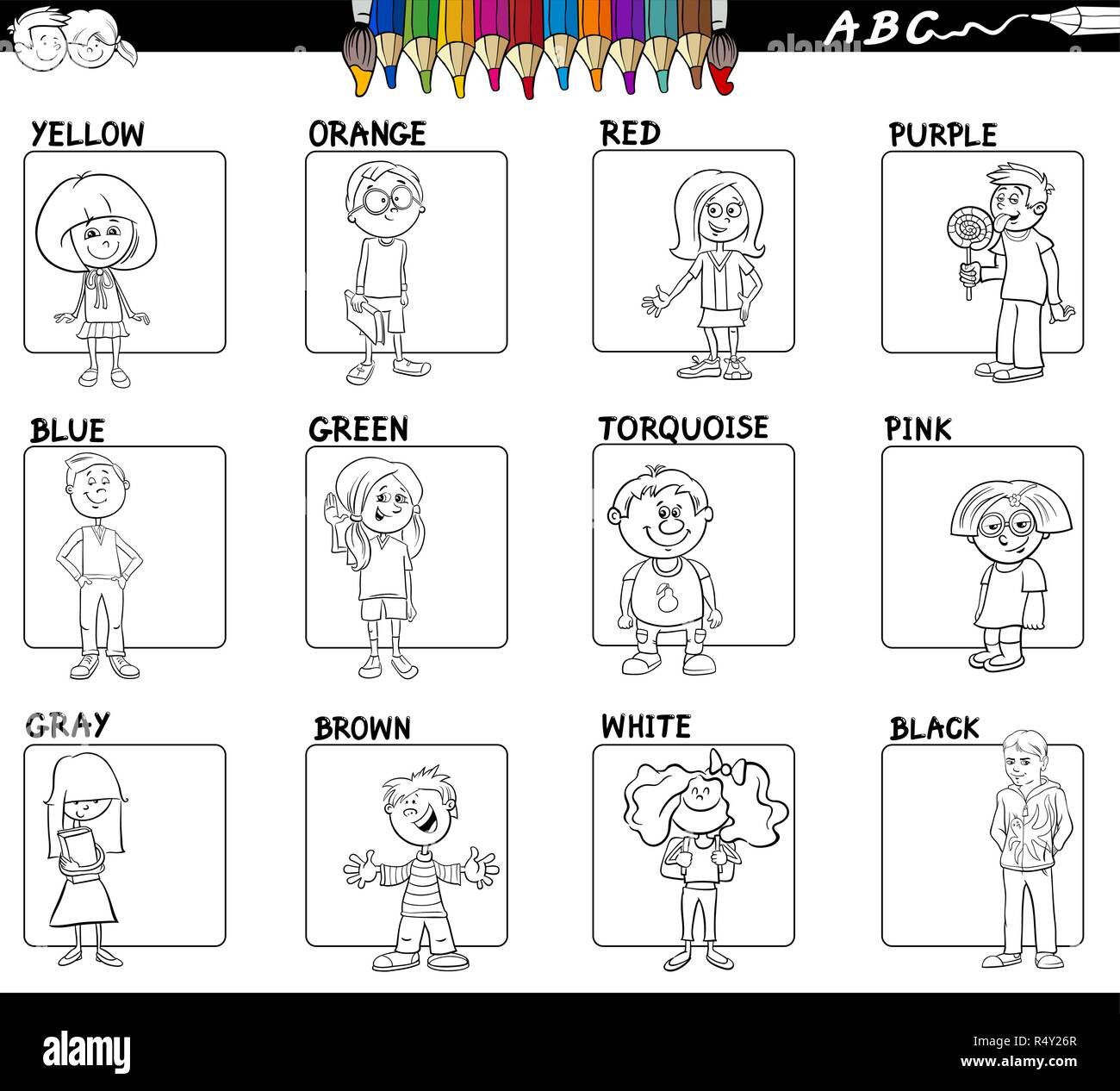 Black and White Cartoon Illustration of Basic Colors with Kid Characters Educational Set for Children Color Book Stock Vector