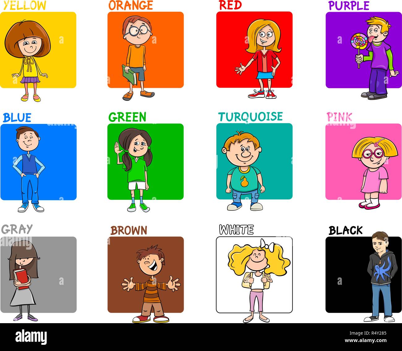 Cartoon Illustration of Basic Colors with Kids Characters Educational
