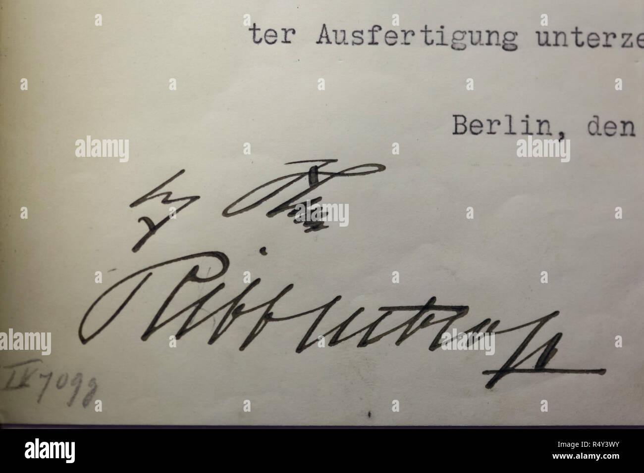 Signatures of Adolf Hitler and Joachim von Ribbentrop under the Hácha Hitler Protocol on display at the Czech-Slovak Exhibition (Česko-slovenská výstava) in the National Museum (Národní muzeum) in Prague, Czech Republic. The document signed in Berlin on 15 March 1939 by the President of Czechoslovakia Emil Hácha and the Minister of Foreign Affairs of Czechoslovakia František Chvalkovský put the territory and population of Bohemia and Moravia under the protection of the German Reich and ensured that the occupation of the Czech territory would not be resisted by the local people and military. On Stock Photo