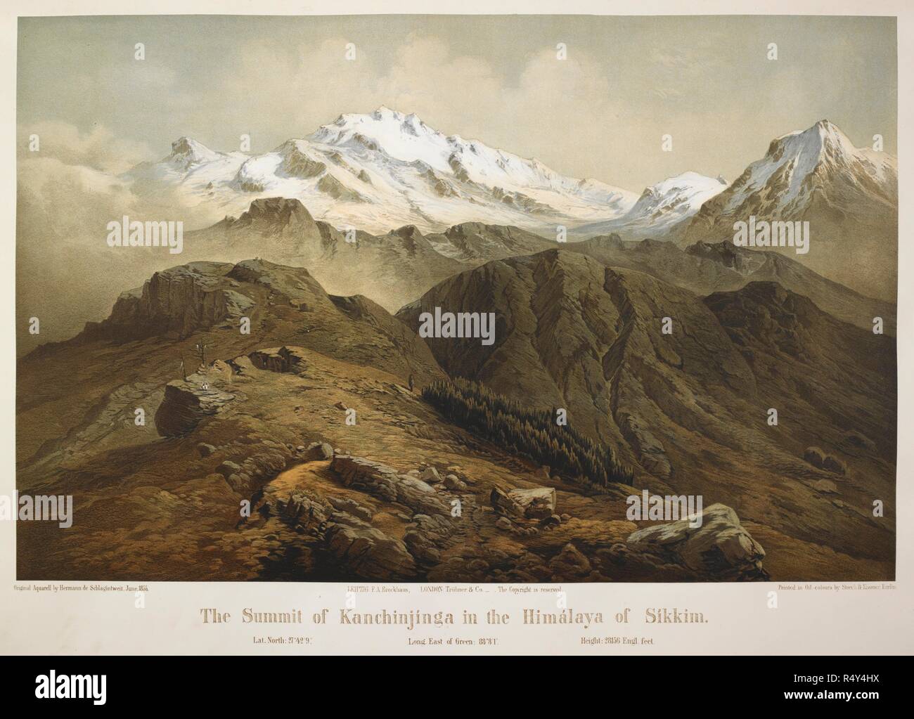 The summit of Kanchinjinga in the Himalaya of the Sikkim. . Results of a Scientific Mission to India and High Asia, undertaken between the years 1854 and 1858, by order of the Court of Directors of the Honourable East India Company, by H., A. and R. de Schlagintweit. 1855. Printed in oil colours. One of the highest Moutains in the world. Source: 1899.a.8 part 1, plate 2. Language: English. Author: Schhlagintweit, Hermann de. Stock Photo