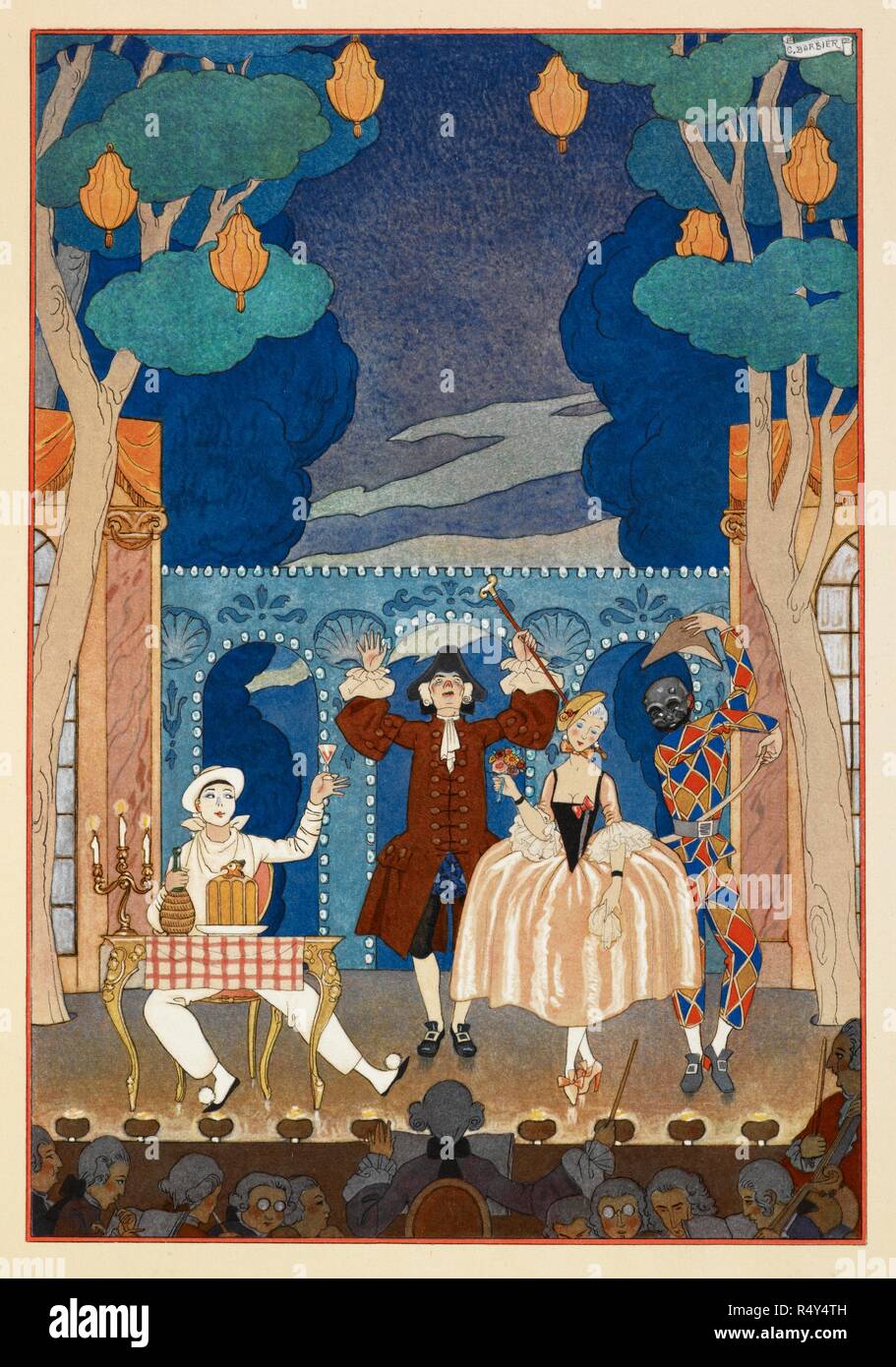 Pantomine. Pierrot and Harlequin. A man and pretty woman. All on a stage. FÃªtes galantes. [PoÃ¨mes]. Illustrations de George Barbier. Paris: H. Piazza, 1928. FÃªtes Galantes is an album consisting of romantic prints of French life among the upper classes of the 19th century. Rich aristocrats of the French court used to play gallant scenes from the commedia dellâ€™ arte that were called Fetes Galantes. The prints accompany Paul Verlaine's poetry. Each album contains 20 lithograph prints with pochoir highlighting by George Barbier. Source: L.45/2847, before page 7. Language: French. Stock Photo