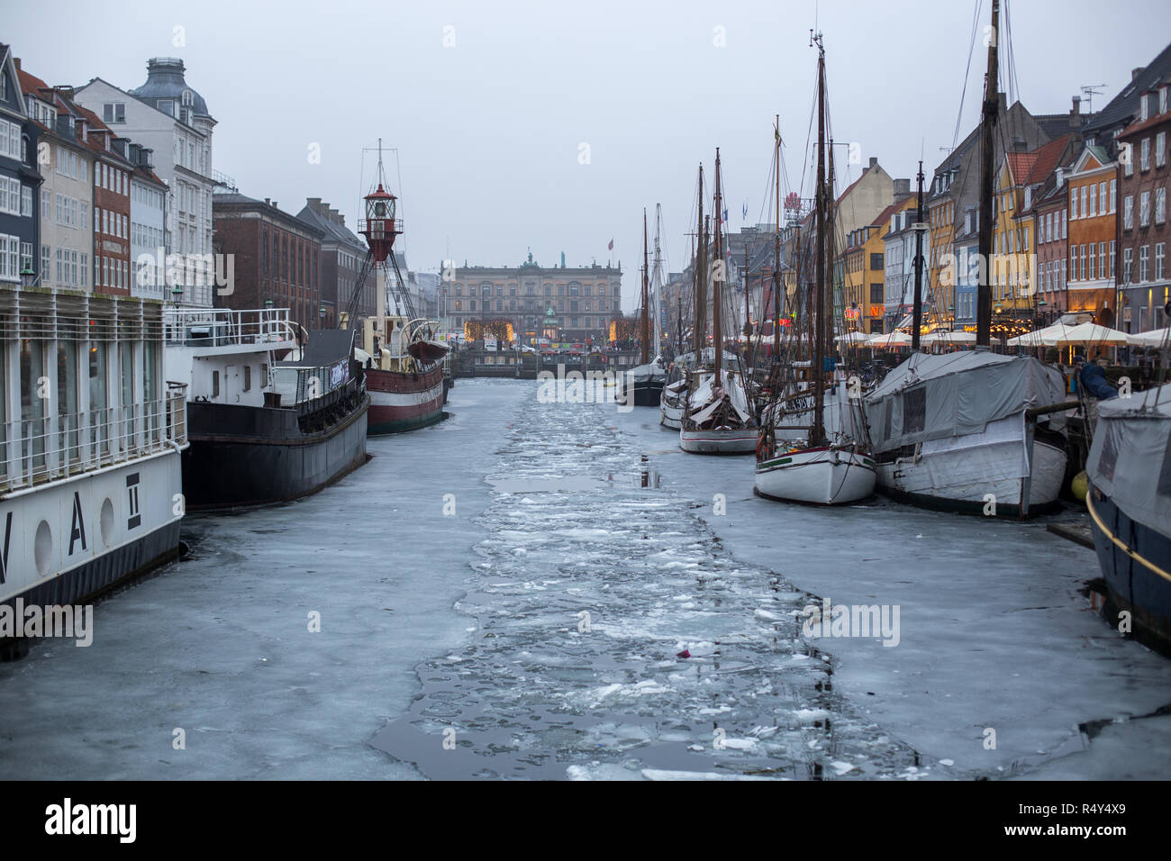 Frozen Nyhavn canal in Copenhagen, Denmark Stock Photo