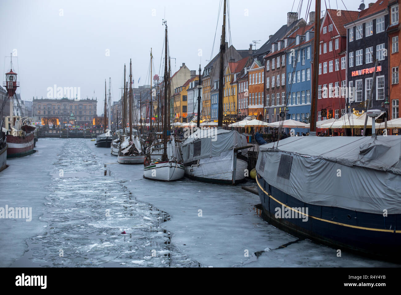 Frozen Nyhavn canal in Copenhagen, Denmark Stock Photo