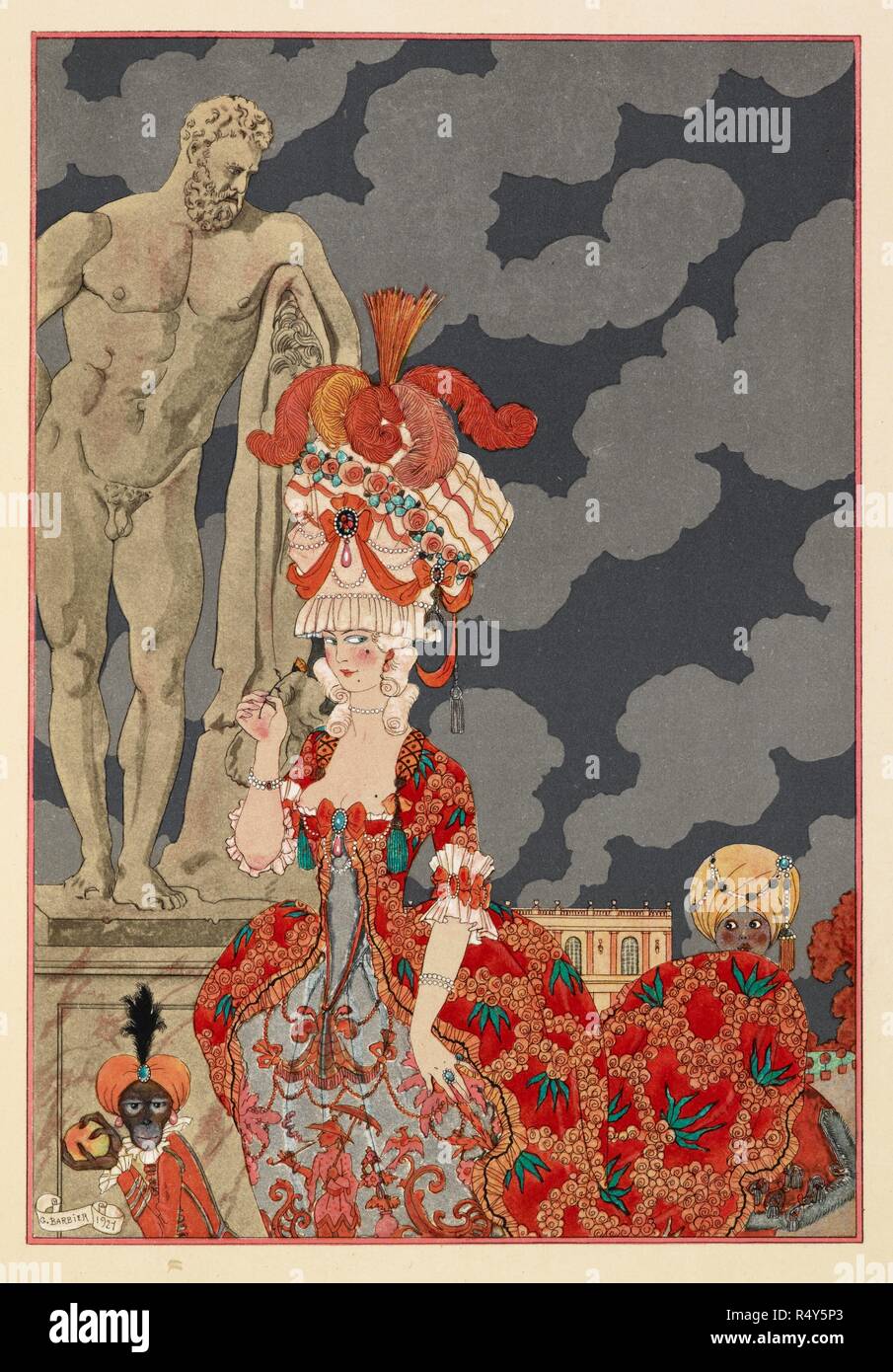 CortÃ¨ge. An attractive woman waering a red dress and elaborate hat. A small monkey and boy. FÃªtes galantes. [PoÃ¨mes]. Illustrations de George Barbier. Paris: H. Piazza, 1928. FÃªtes Galantes is an album consisting of romantic prints of French life among the upper classes of the 19th century. Rich aristocrats of the French court used to play gallant scenes from the commedia dellâ€™ arte that were called Fetes Galantes. The prints accompany Paul Verlaine's poetry. Each album contains 20 lithograph prints with pochoir highlighting by George Barbier. Source: L.45/2847, before page 31. Language: Stock Photo
