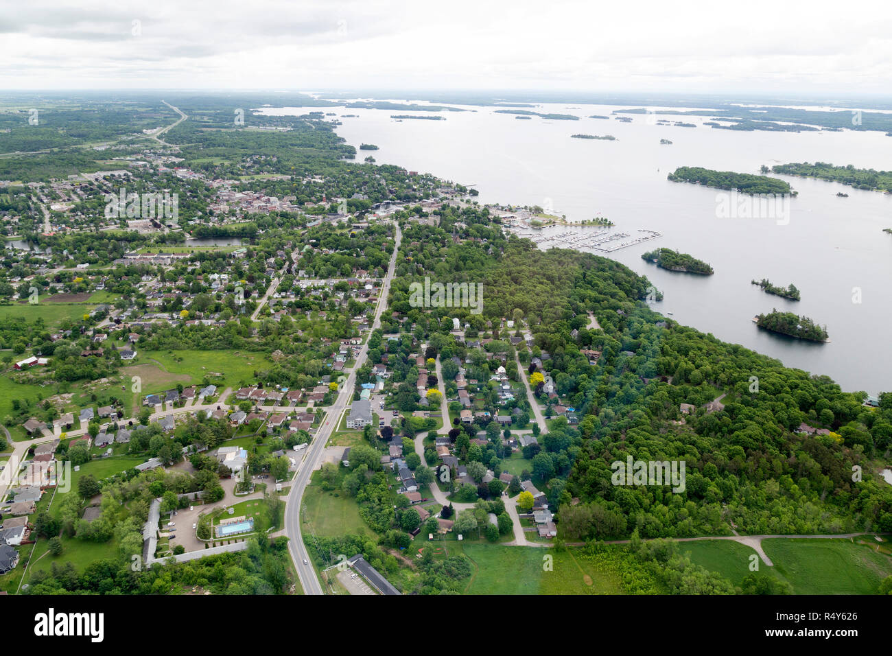 Aerial view of Gananoque in Ontario, Canada. The town is seen as a gateway to the Thousand Islands region, on the border of the USA and Canada. Stock Photo
